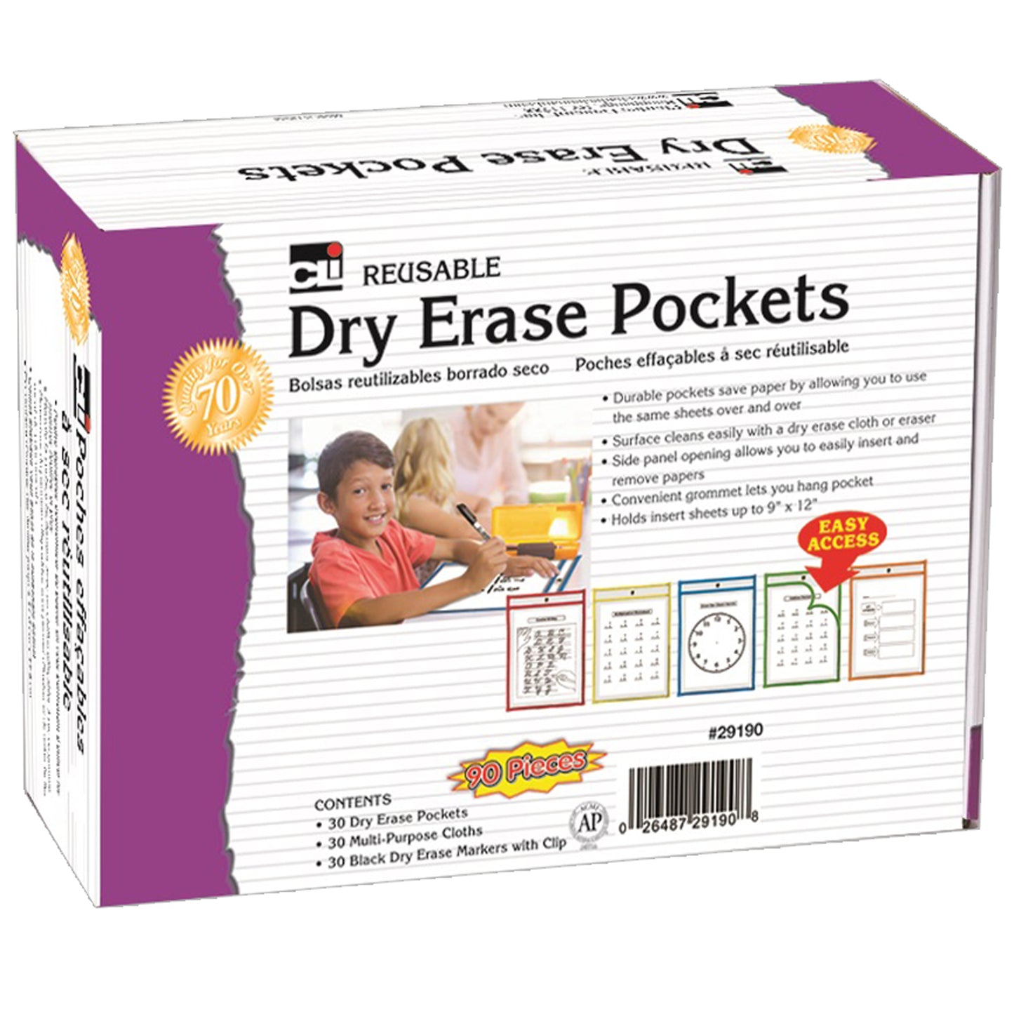 Dry Erase Pocket Class Pack, Dry Erase Pockets, Dry Erase Cloths and Dry Erase Markers, Pocket Style w/Bullet Tip, Black, 90 Pieces