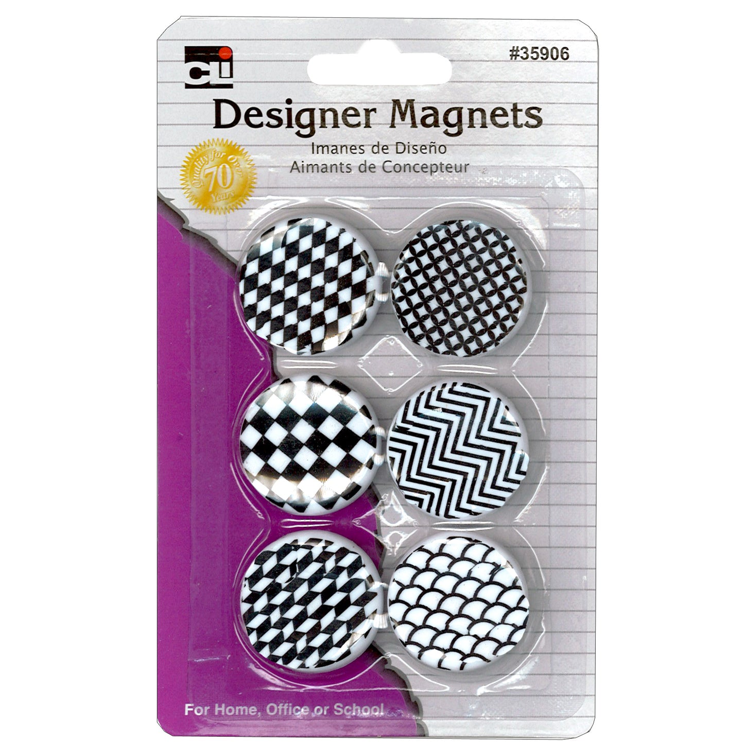 Designer Button Style Magnets, Super Strong - Assorted Black & White Designs, 6 Per Pack, 12 Packs
