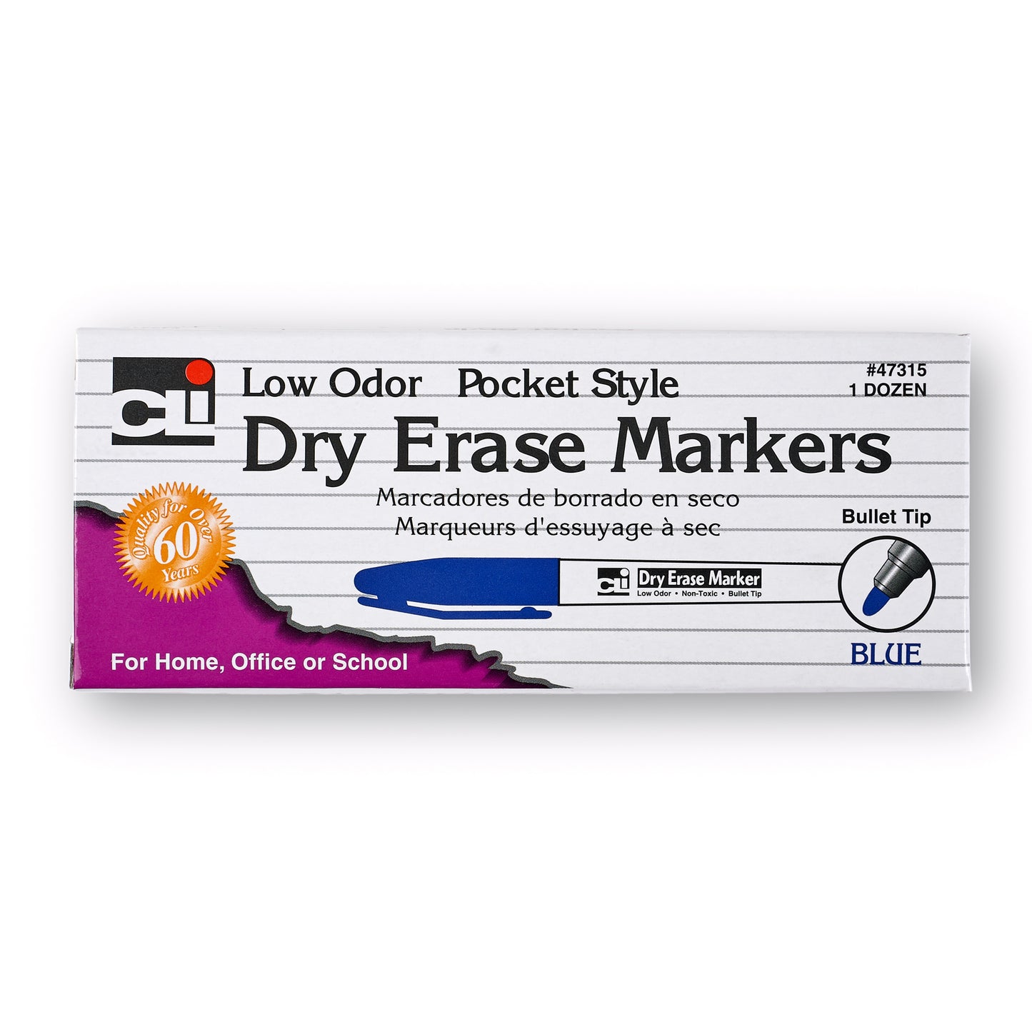 Dry Erase Markers, Low Odor, Pocket Style, Bullet Tip, Blue, 12 Per Box, 3 Boxes