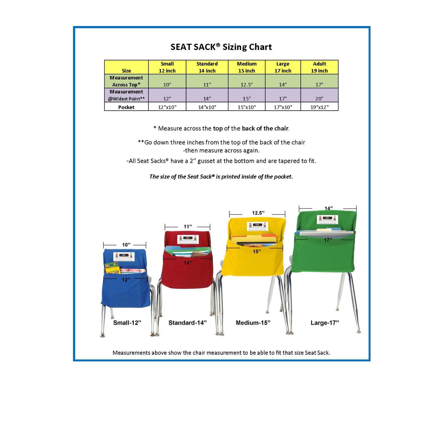 Seat Sack, Standard, 14 inch, Chair Pocket, Blue, Pack of 2