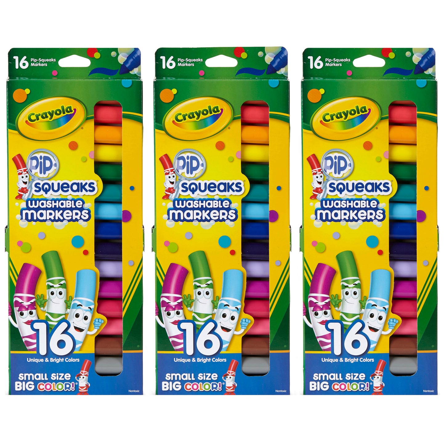 Pip Squeaks Washable Markers, Conical Tip, 16 Per Box, 3 Boxes