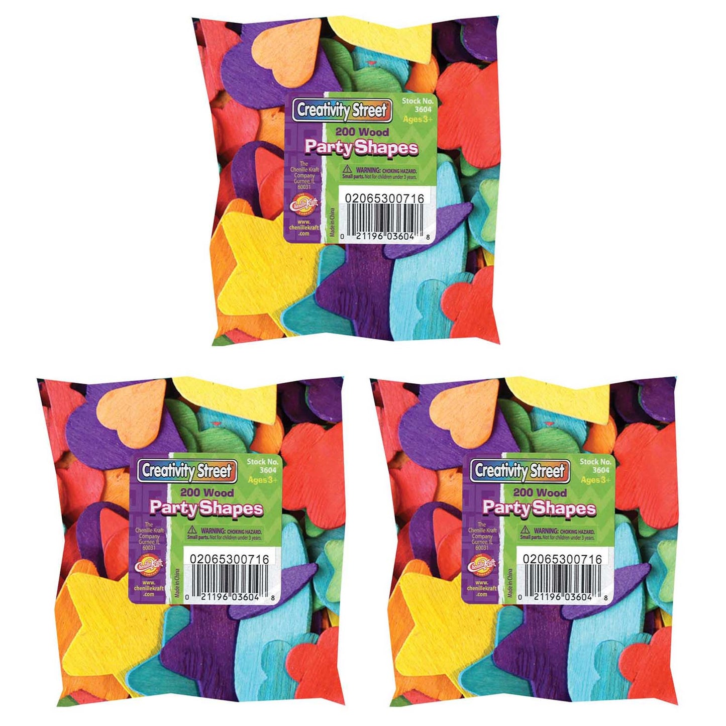Wood Party Shapes, Assorted Colors, 1/2" to 2", 200 Per Pack, 3 Packs