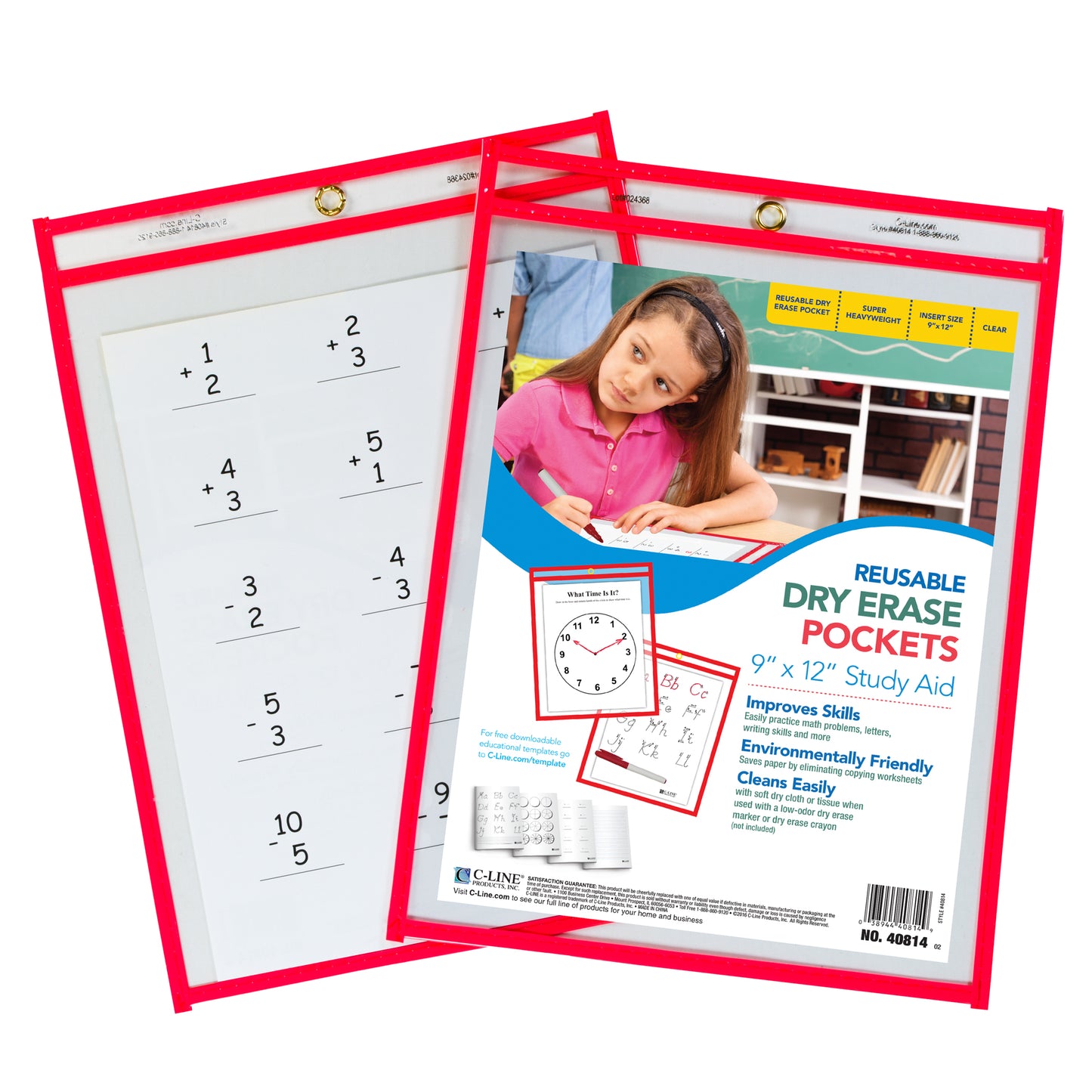 Reusable Dry Erase Pocket - Study Aid, Neon Red, 9" x 12", Pack of 10