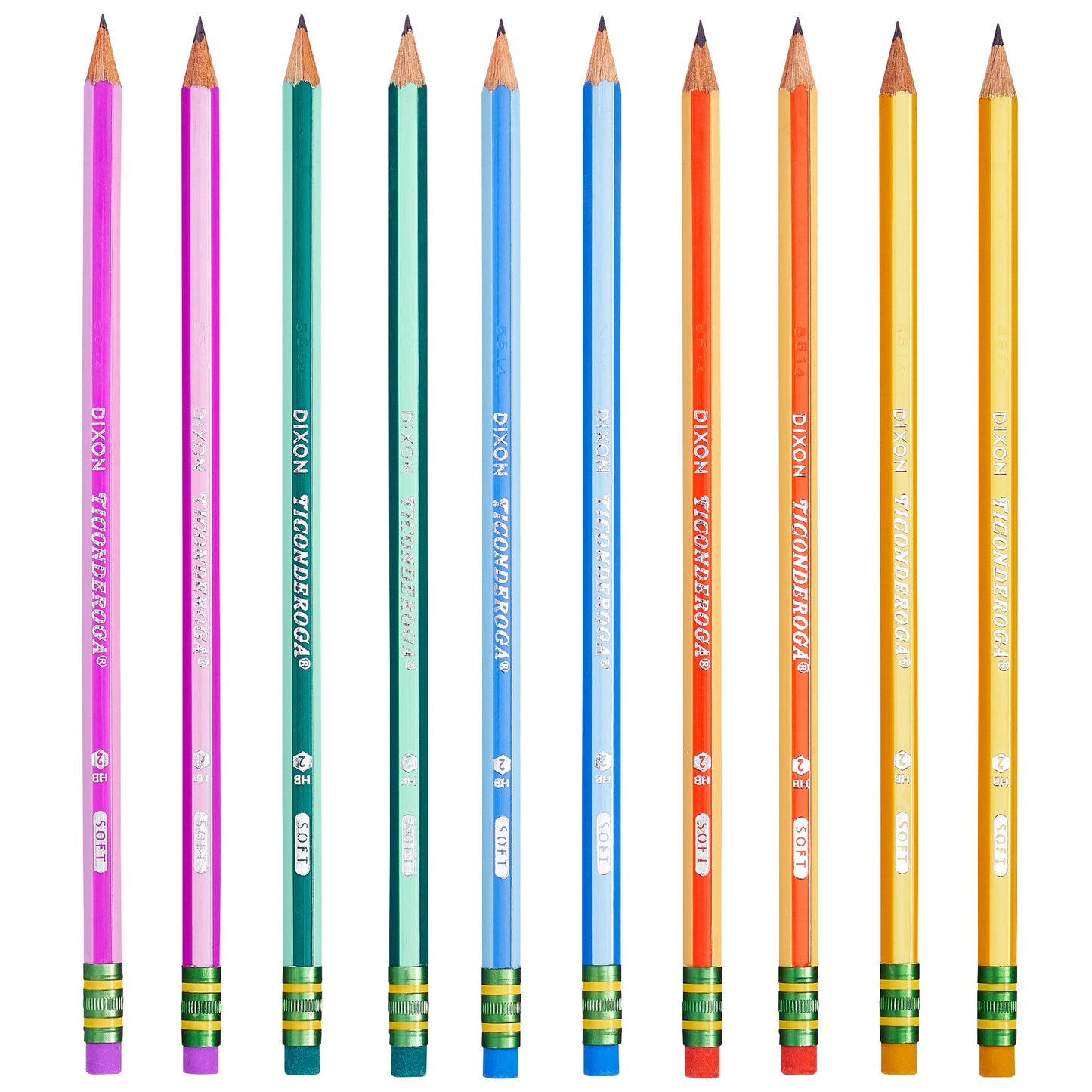 Pencils, #2 Soft, Neon Stripes, Presharpened, 10 Per Pack, 6 Packs