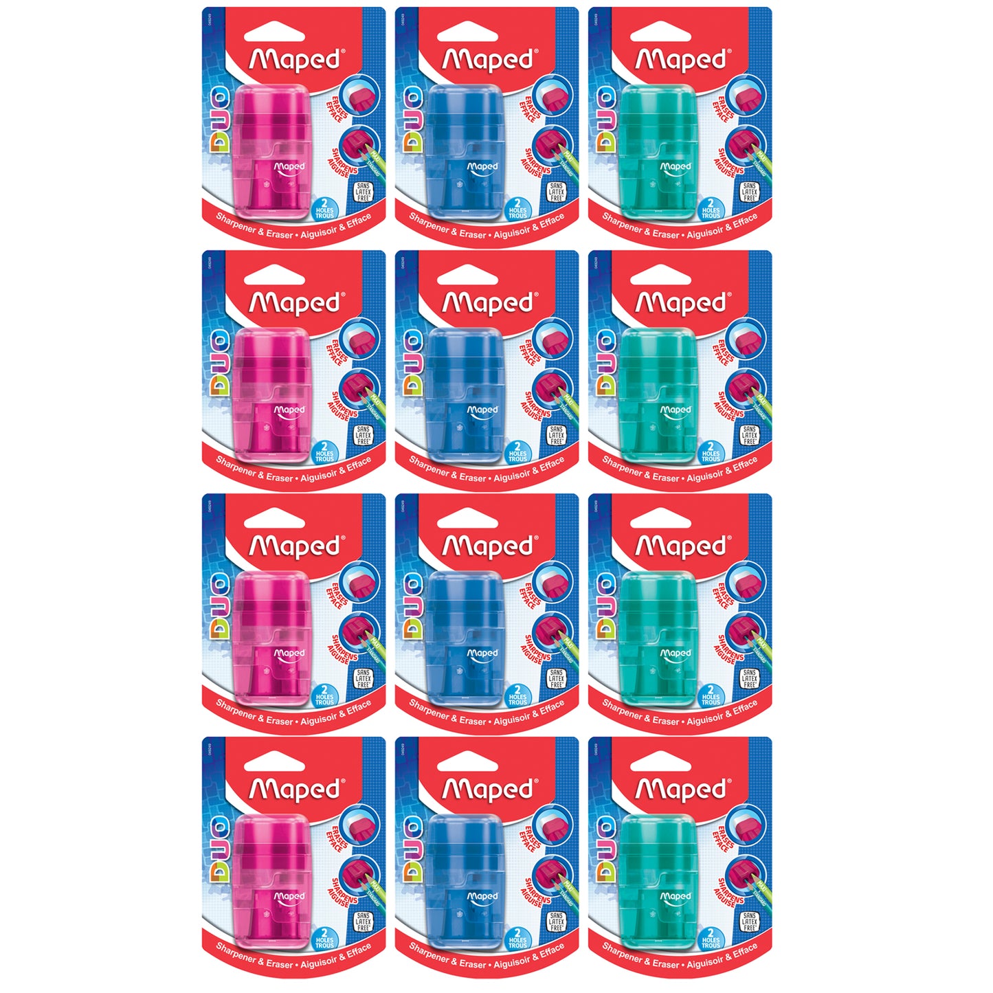 Connect DUO 2 Hole Sharpener / Eraser Combo, Assorted Colors, Pack of 12