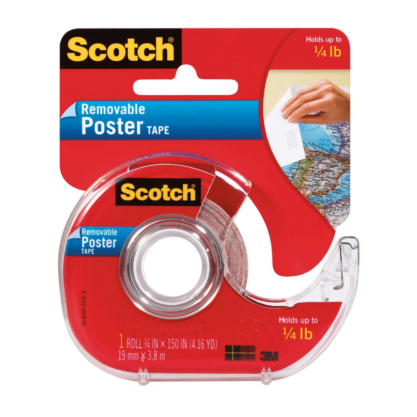 Removable Poster Tape with Dispenser, 3/4" x 150", Clear, Pack of 3