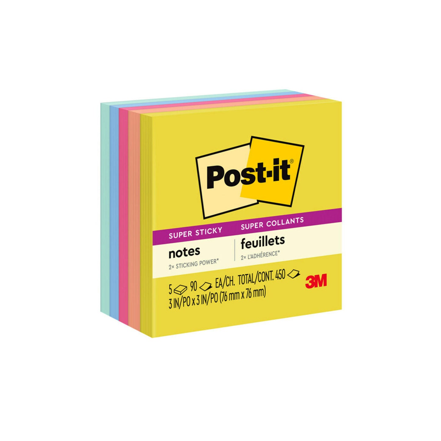 Super Sticky Notes, 3x3 in, Summer Joy Collection, Assorted Colors, 90 Sheets/Pad, 5 Pads/Pack, 2 Packs