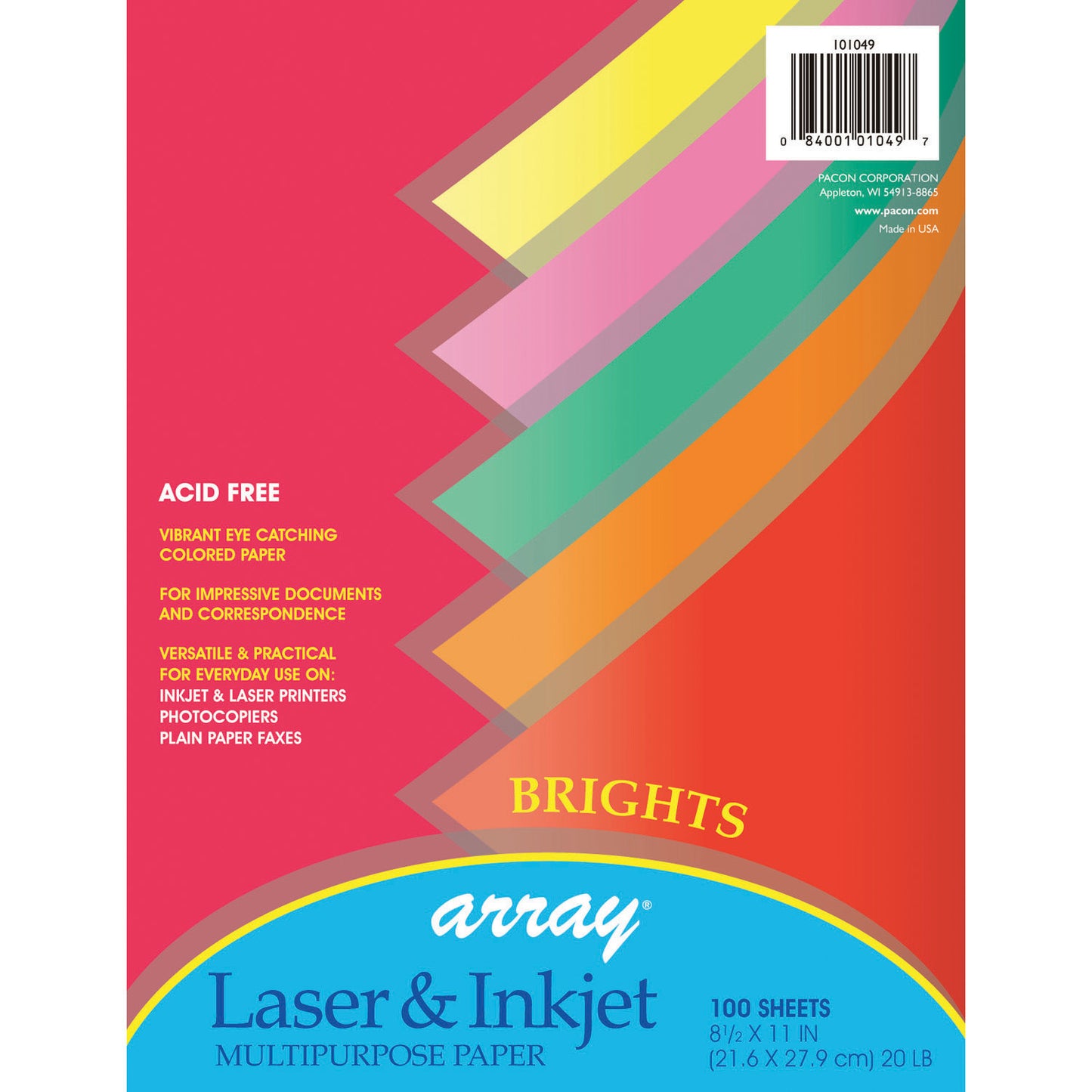 Bright Multi-Purpose Paper, 5 Assorted Colors, 20 lb., 8-1/2" x 11", 100 Sheets Per Pack, 3 Packs