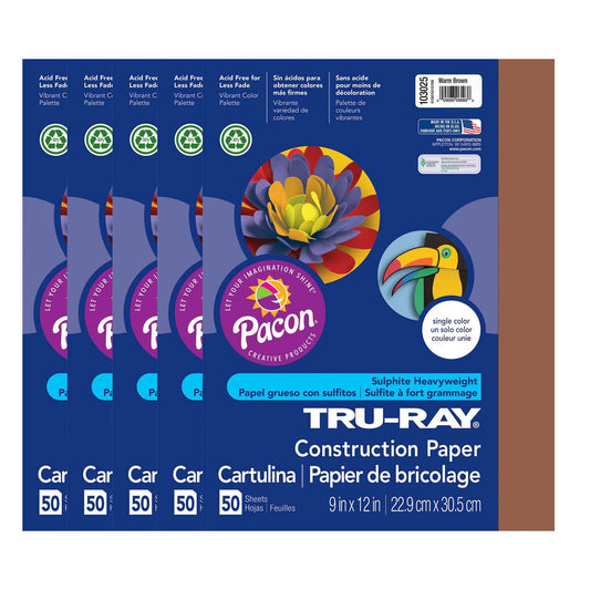 Construction Paper, Warm Brown, 9" x 12", 50 Sheets Per Pack, 5 Packs