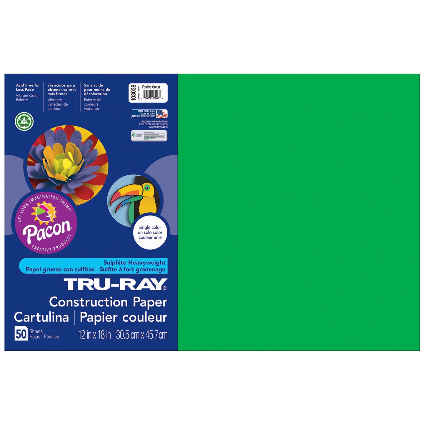 Construction Paper, Festive Green, 12" x 18", 50 Sheets Per Pack, 5 Packs