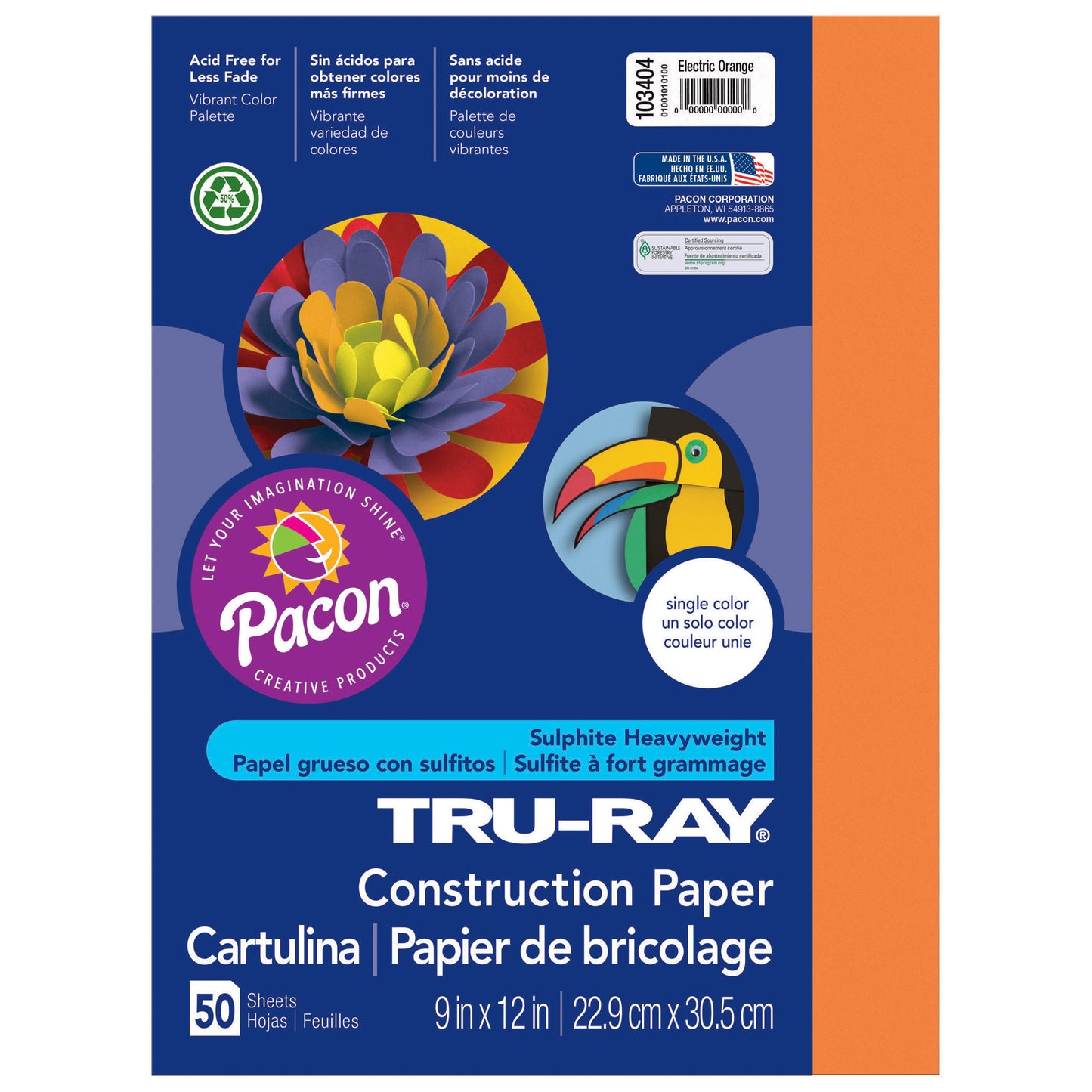 Construction Paper, Electric Orange, 9" x 12", 50 Sheets Per Pack, 5 Packs