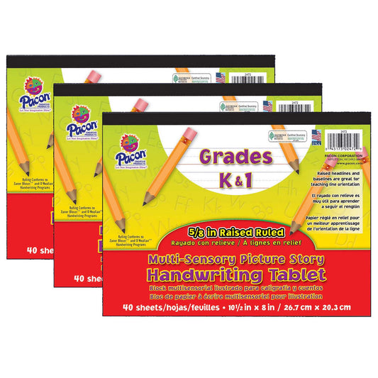 Multi-Sensory Raised Ruled Tablet, Tape Bound, 5/8" x 5/16" x 5/16" Picture Story Ruled Long, 10-1/2" x 8", 40 Sheets, Pack of 3