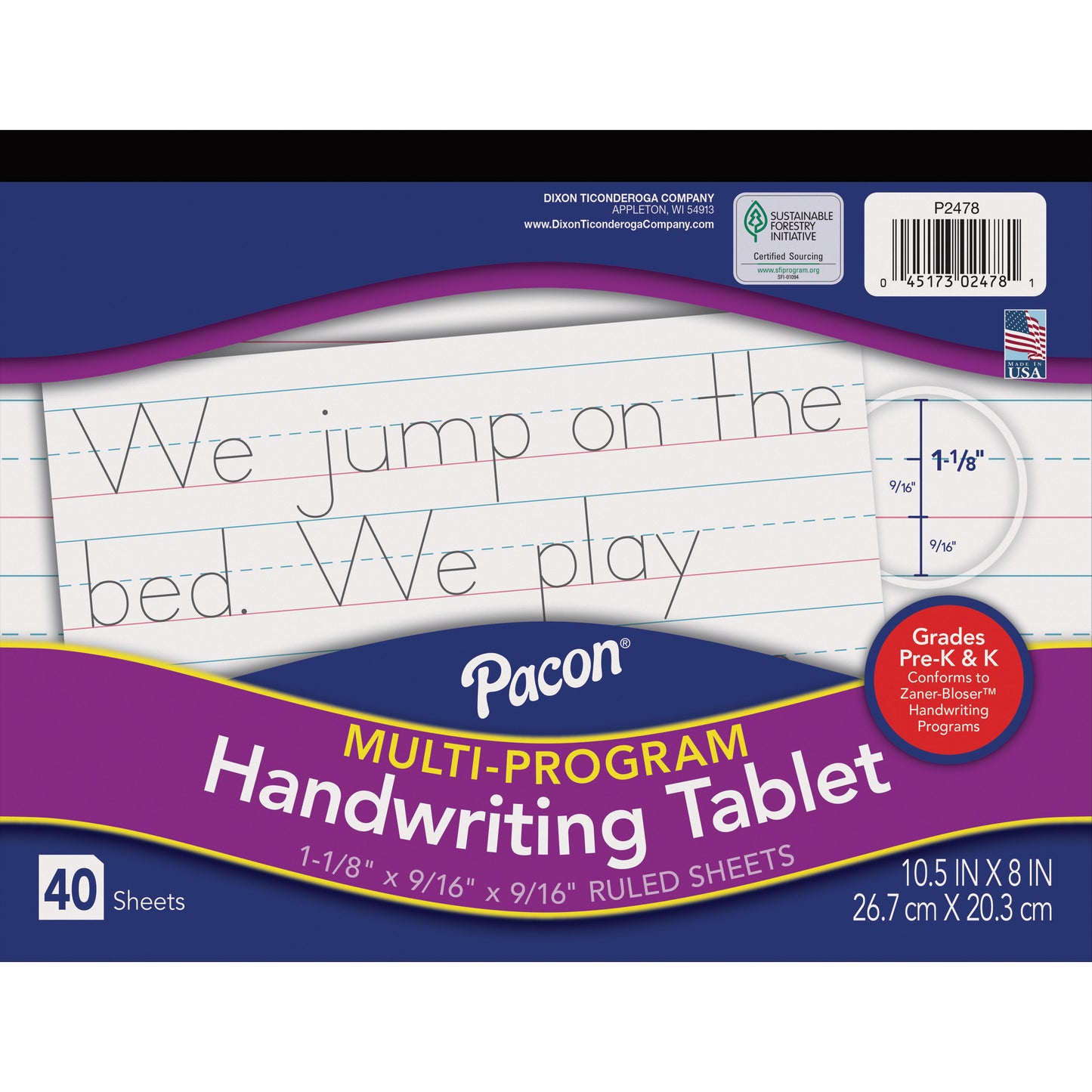 Multi-Program Handwriting Tablet, Zaner-Bloser, 1-1/8" x 9/16" x 9/16" Ruled Long, 10-1/2" x 8", 40 Sheets, Pack of 12