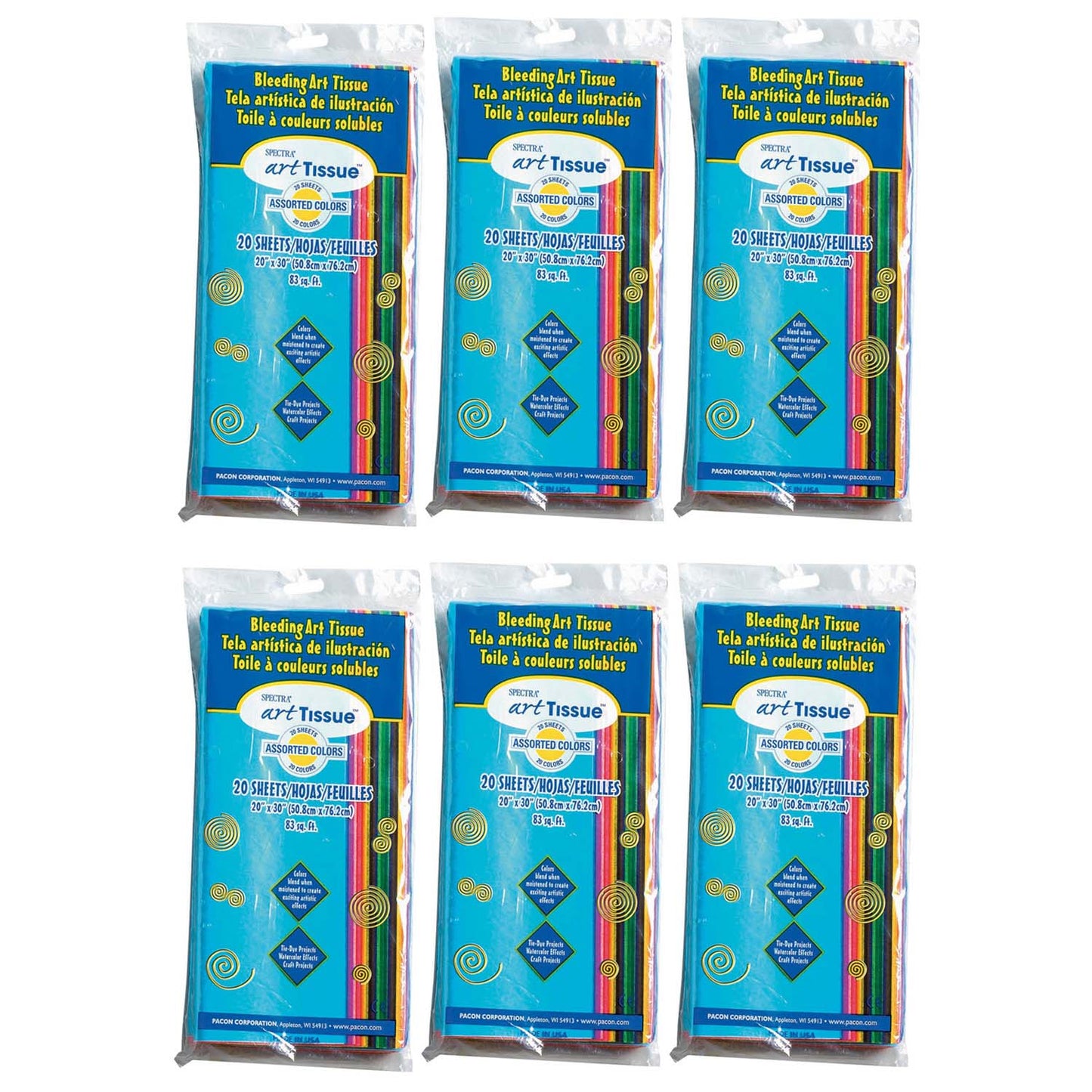 Deluxe Bleeding Art Tissue, 20 Assorted Colors, 20" x 30", 20 Sheets Per Pack, 6 Packs
