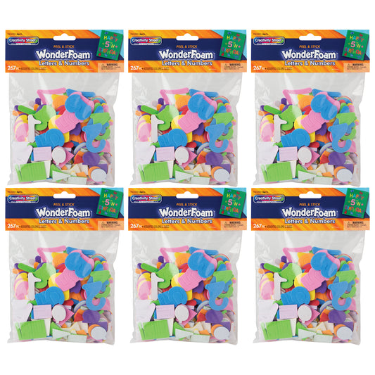 WonderFoam Peel & Stick Letters & Numbers, Assorted Colors & Sizes, 267 Pieces Per Pack, 6 Packs