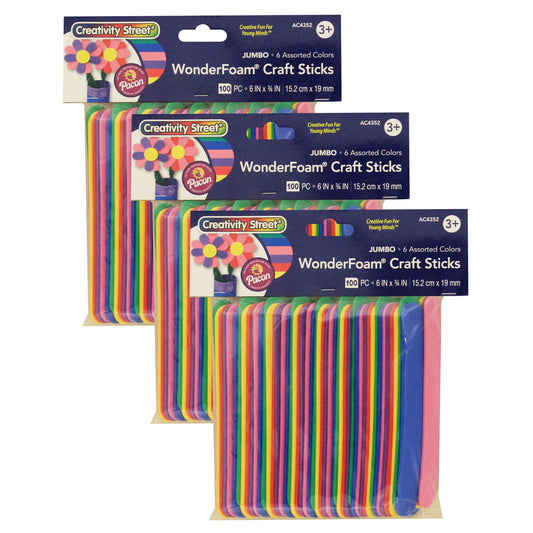 WonderFoam® Jumbo Craft Sticks, Assorted Colors, 6" x 3/4", 100 Per Pack, 3 Packs
