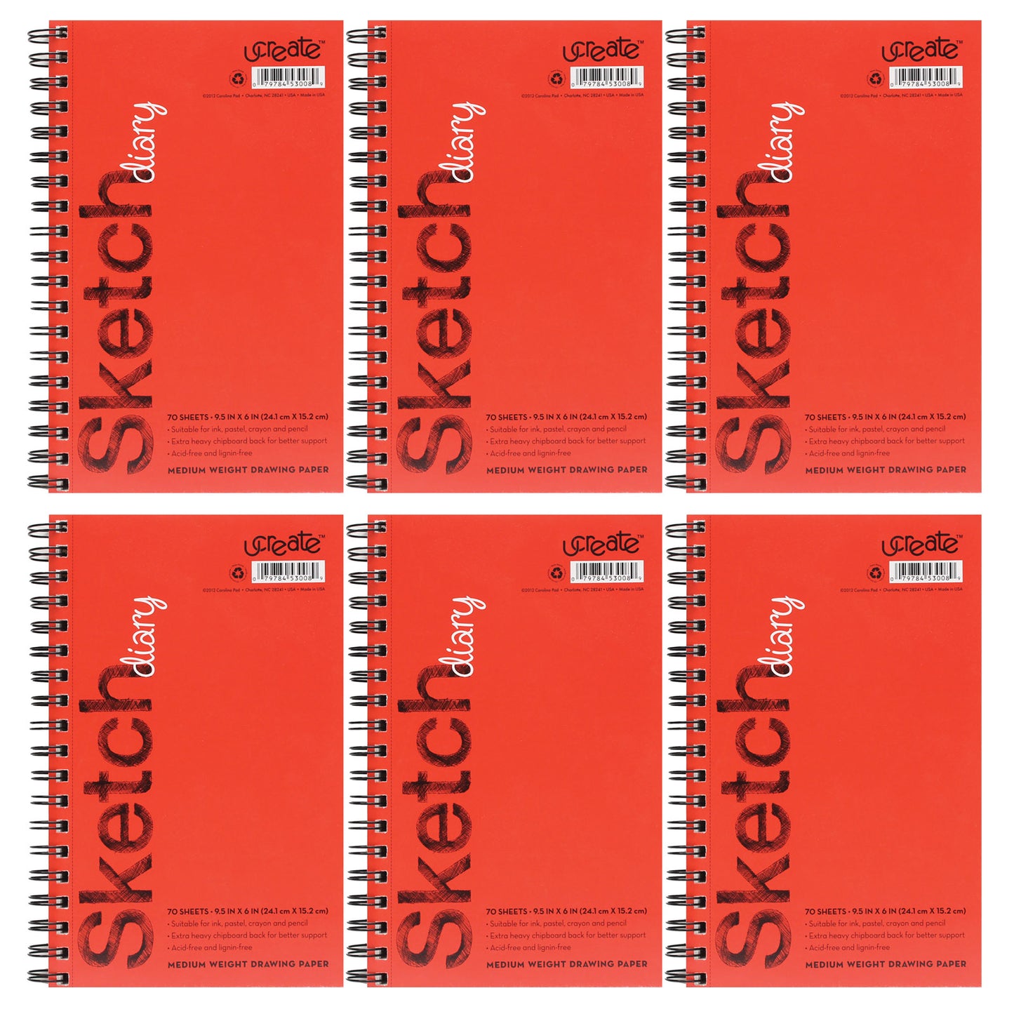Sketch Diary, Medium Weight, 9-1/2" x 6", 70 Sheets, Pack of 6