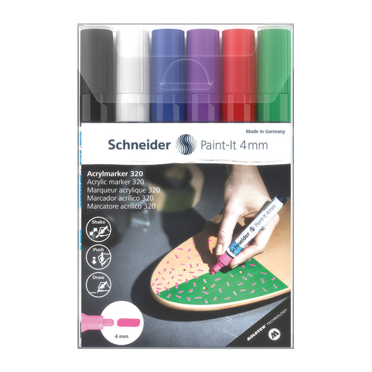 Paint-It 320 Acrylic Markers, 4 mm Bullet Tip, Wallet, 6 Assorted Ink Colors