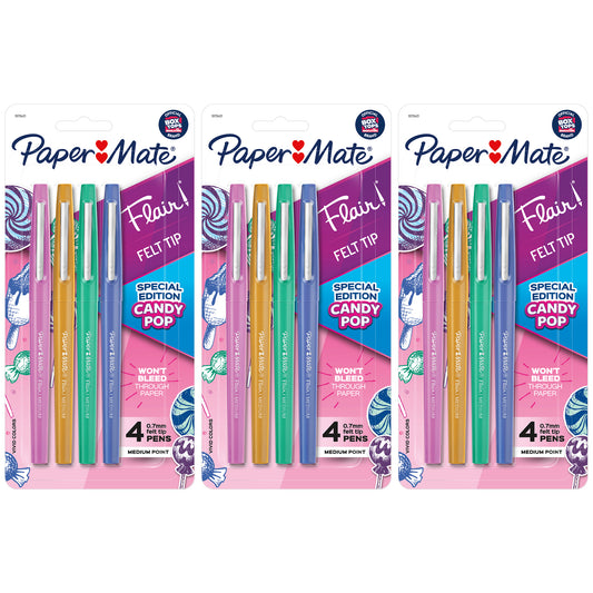 Flair Felt Tip Pens, Medium Point, Candy Pop Pack, 4 Per Pack, 3 Packs