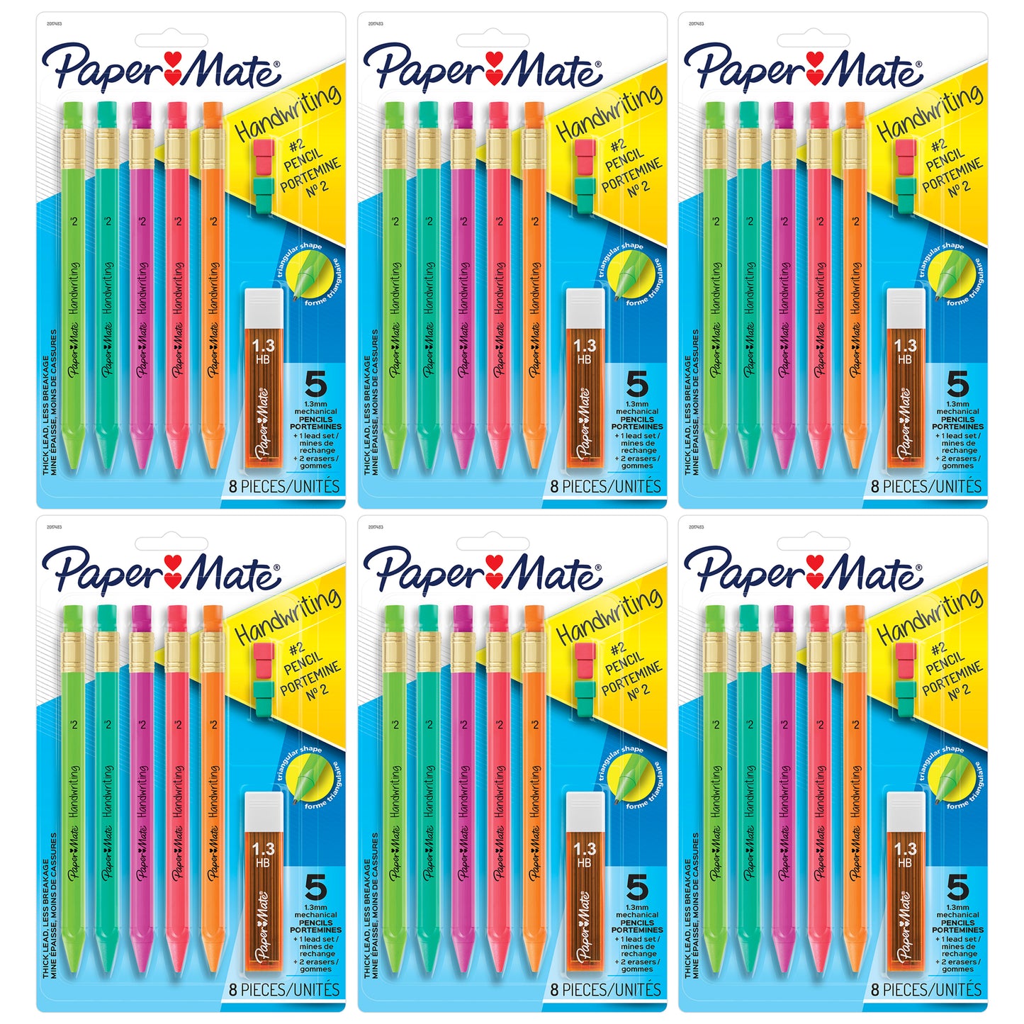 Handwriting Triangular Mechanical Pencil Set with Lead & Eraser Refills, 1.3mm, 5 Per Pack, 6 Packs