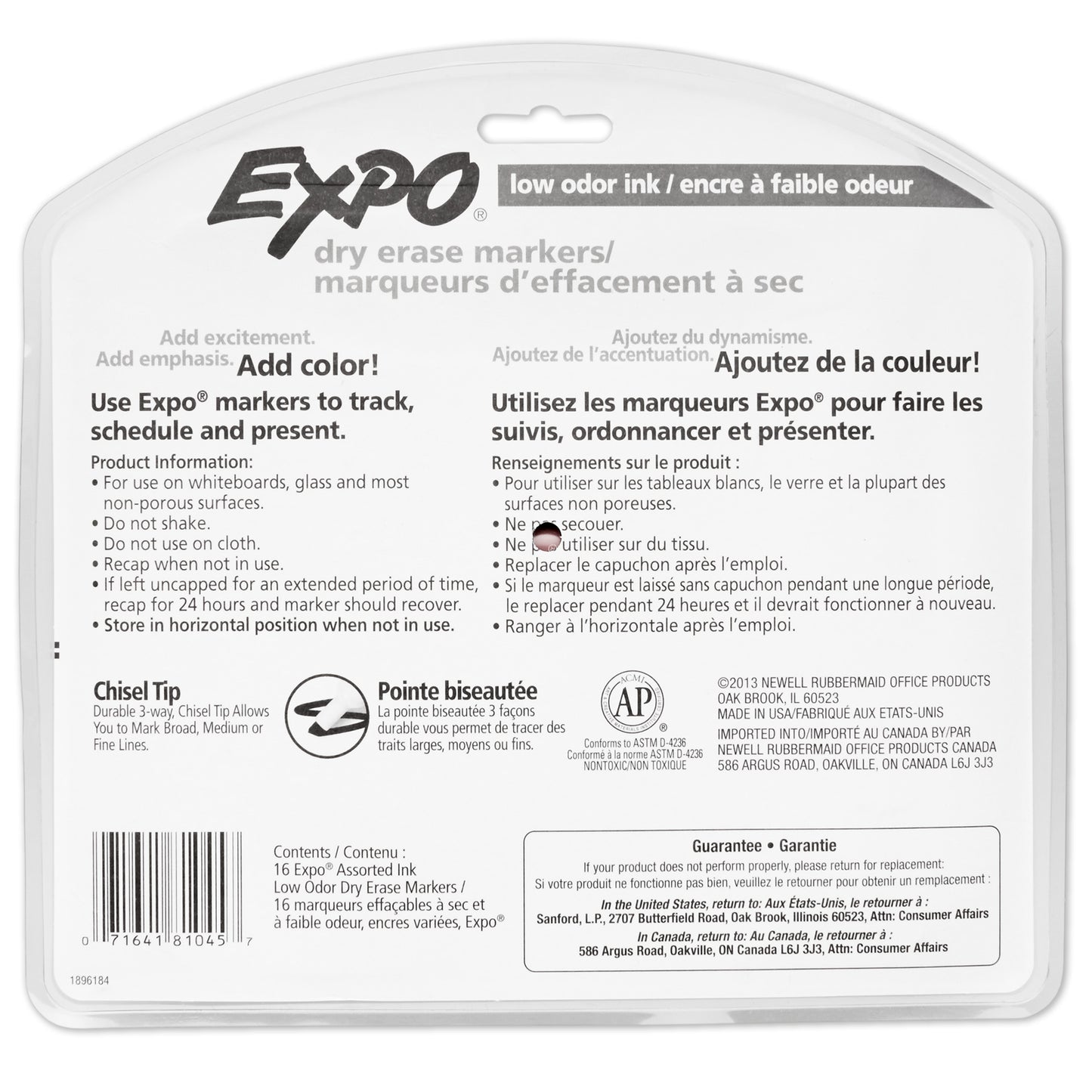 Low Odor Dry Erase Marker, Chisel Tip, Assorted, Pack of 16