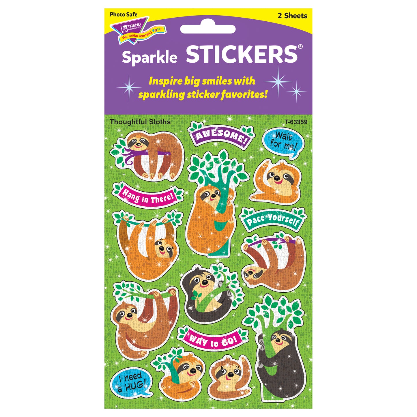 Thoughtful Sloths Sparkle Stickers®, 32 Per Pack, 6 Packs