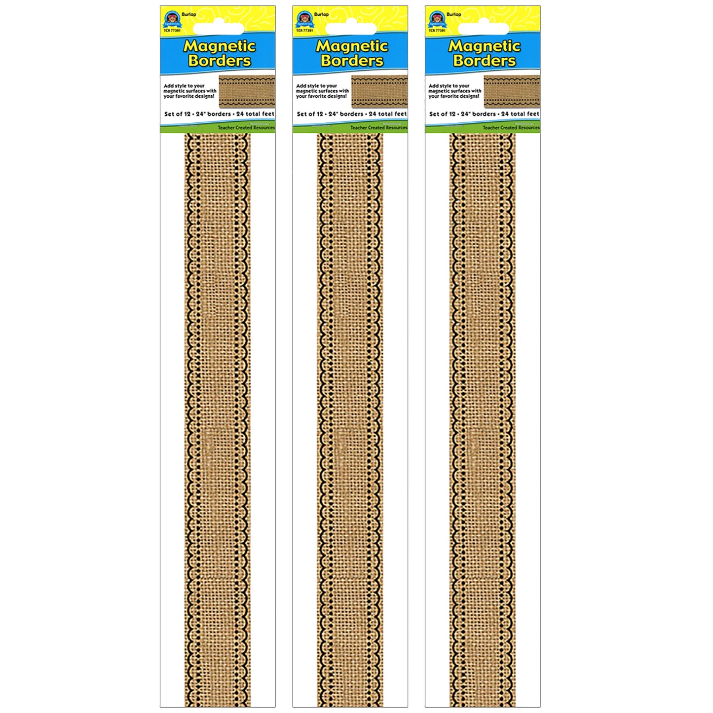 Burlap Design Magnetic Border, 24 Feet Per Pack, 3 Packs