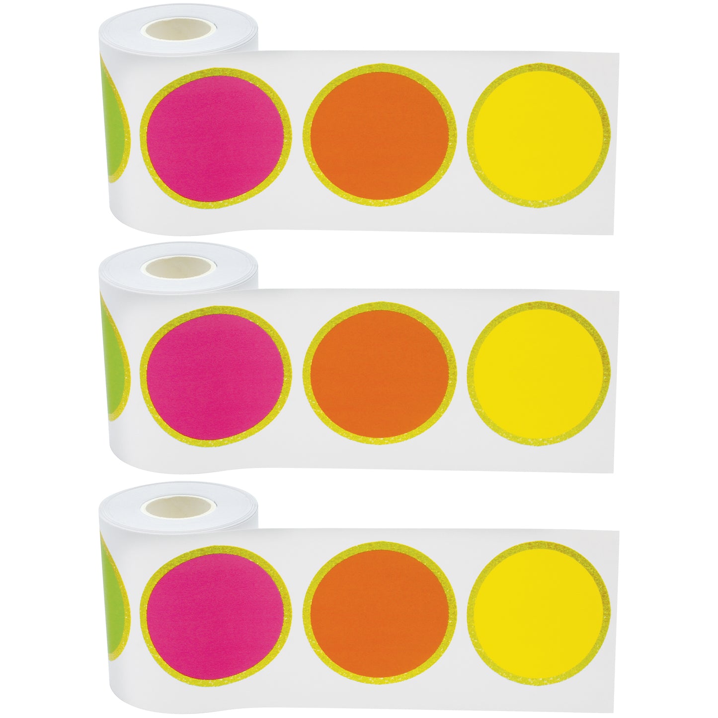 Confetti Colorful Circles Straight Rolled Border Trim, 50 Feet Per Roll, Pack of 3